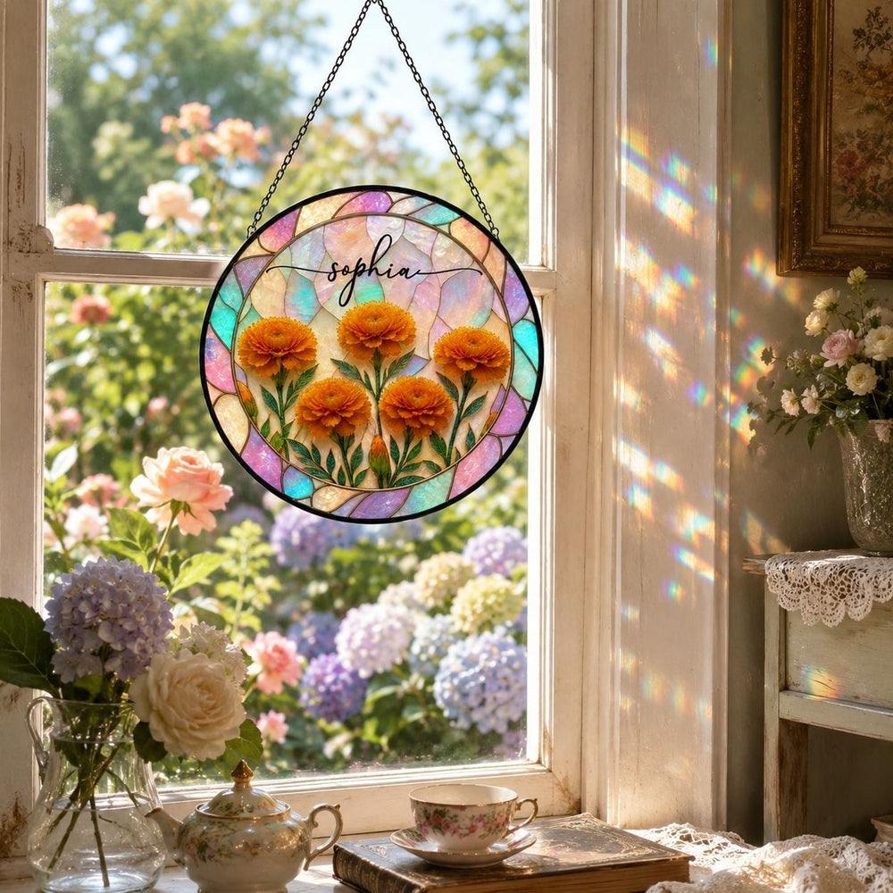 Birth Flower Mother Of Pearl Home Decor - Personalized Window Hanging Suncatcher | Elegant Floral Gift