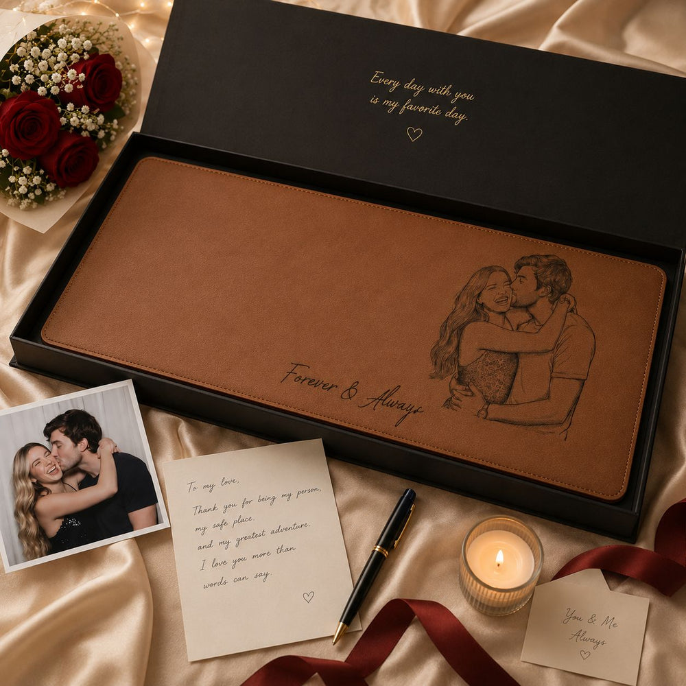 Forever Love Couple Photo Sketch Line Art - Personalized Desk Mat