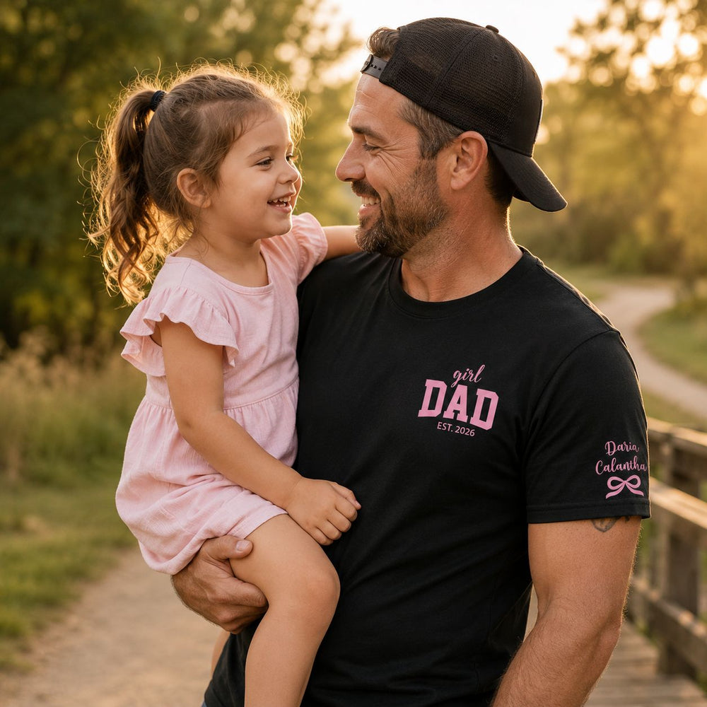 Girl Dad With Kids' Names On Sleeves - Pink Dad | Cute Shirt For Girl Dad