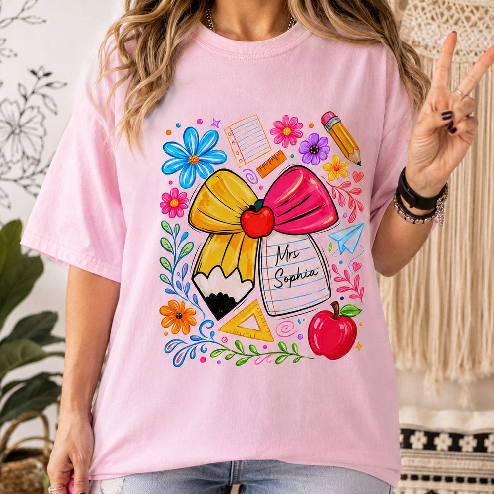 Boho Floral Bow Pencil - Personalized Shirt | Custom Teacher Back To School Graphic Tee