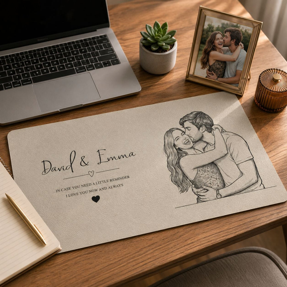 I Love You Now And Always Couple Photo Sketch Line Art - Personalized Desk Mat | Romantic Couple Gift