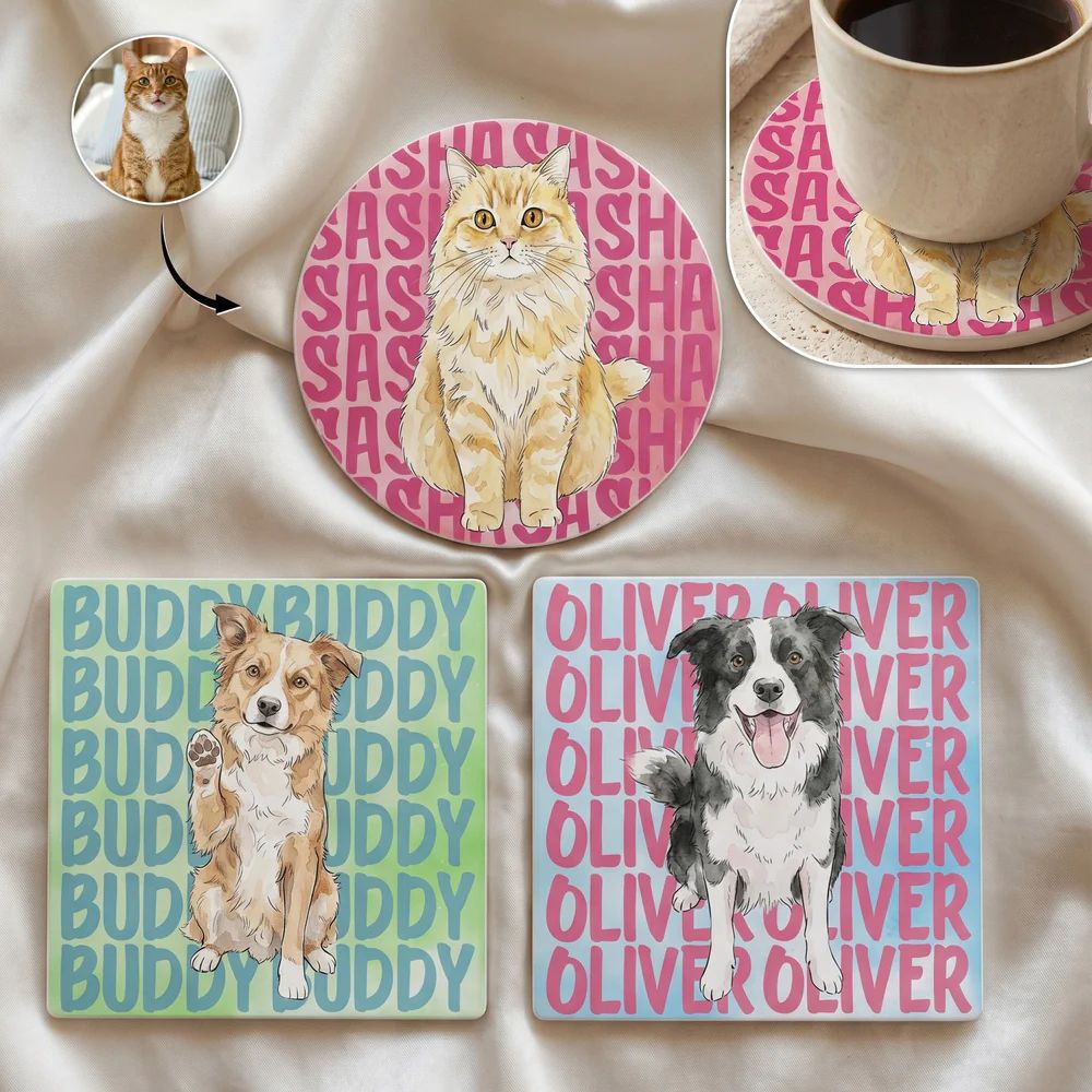 Custom Pet Portrait With Name Watercolor Art - Personalized Coaster