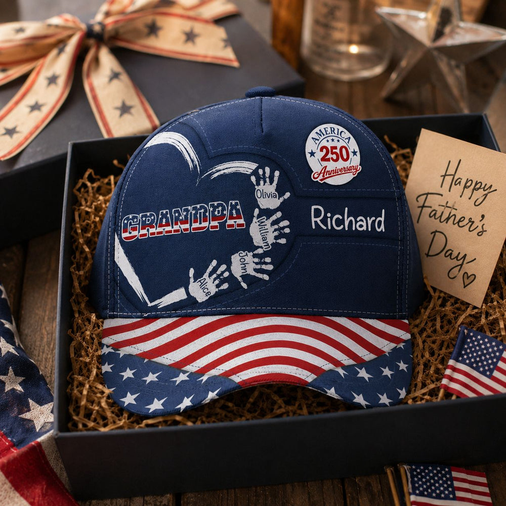 America 250 Anniversary Grandpa Dad Kids Handprints - Personalized Cap | Custom Family Gift