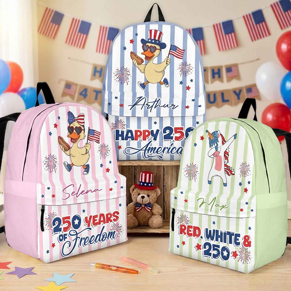 250 Years Of Freedom Kids Custom Name Patriotic Goose, Racoon - Personalized Backpack