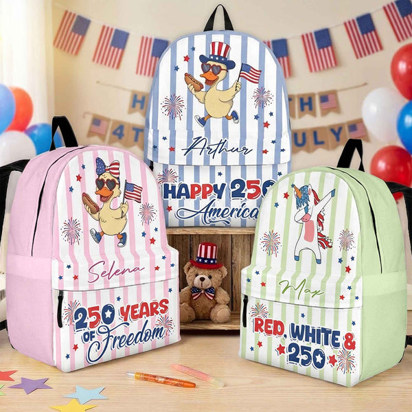 250 Years Of Freedom Kids Custom Name Patriotic Goose, Racoon - Personalized Backpack