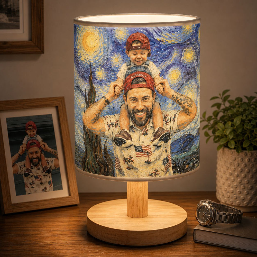 Custom Photo Van Gogh Style Father's Day Gift For New Dad, Husband - Personalized Fabric Lamp | Unique Cozy Home Decor Gift