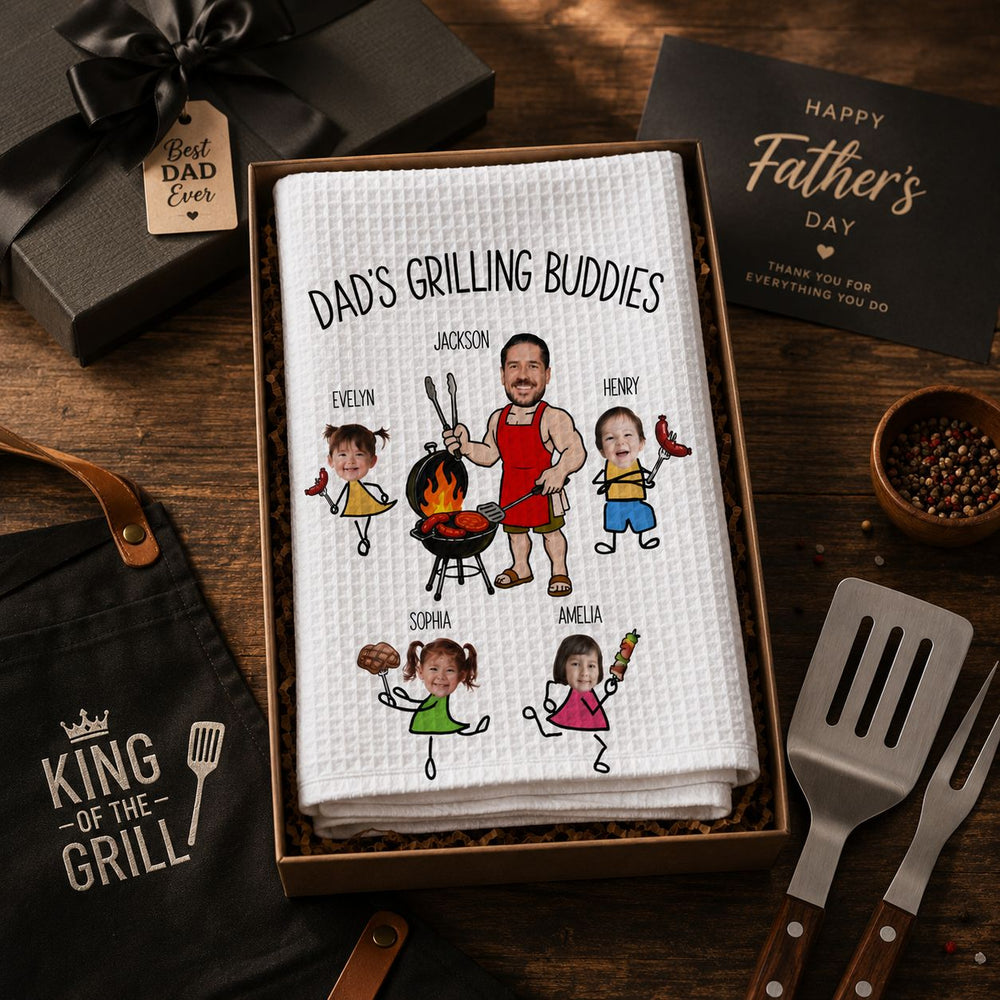 Dad's Grilling Buddies Father's Day Gift For Dad, Husband - Personalized Kitchen Towel | Fun BBQ Gift From Kids For Dad