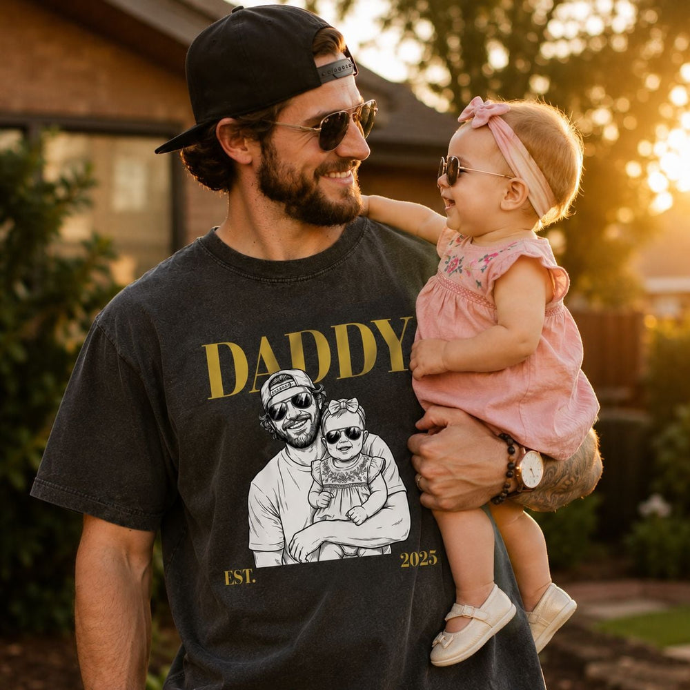 Daddy Est Custom Photo Sketch Line Art Father's Day Gift For Dad, Husband - Personalized Shirt | Custom Dad Shirt