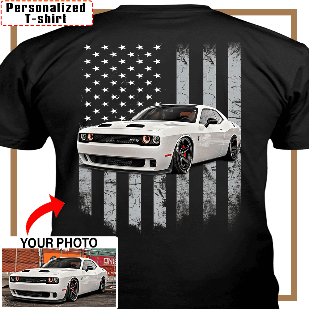 Muscle Car Dodge Challenger Custom Photo T-shirt, Dodge Charger Personalized T-shirt funny gifts for car guys American Flag T-shirt - PSTP2DTS000008