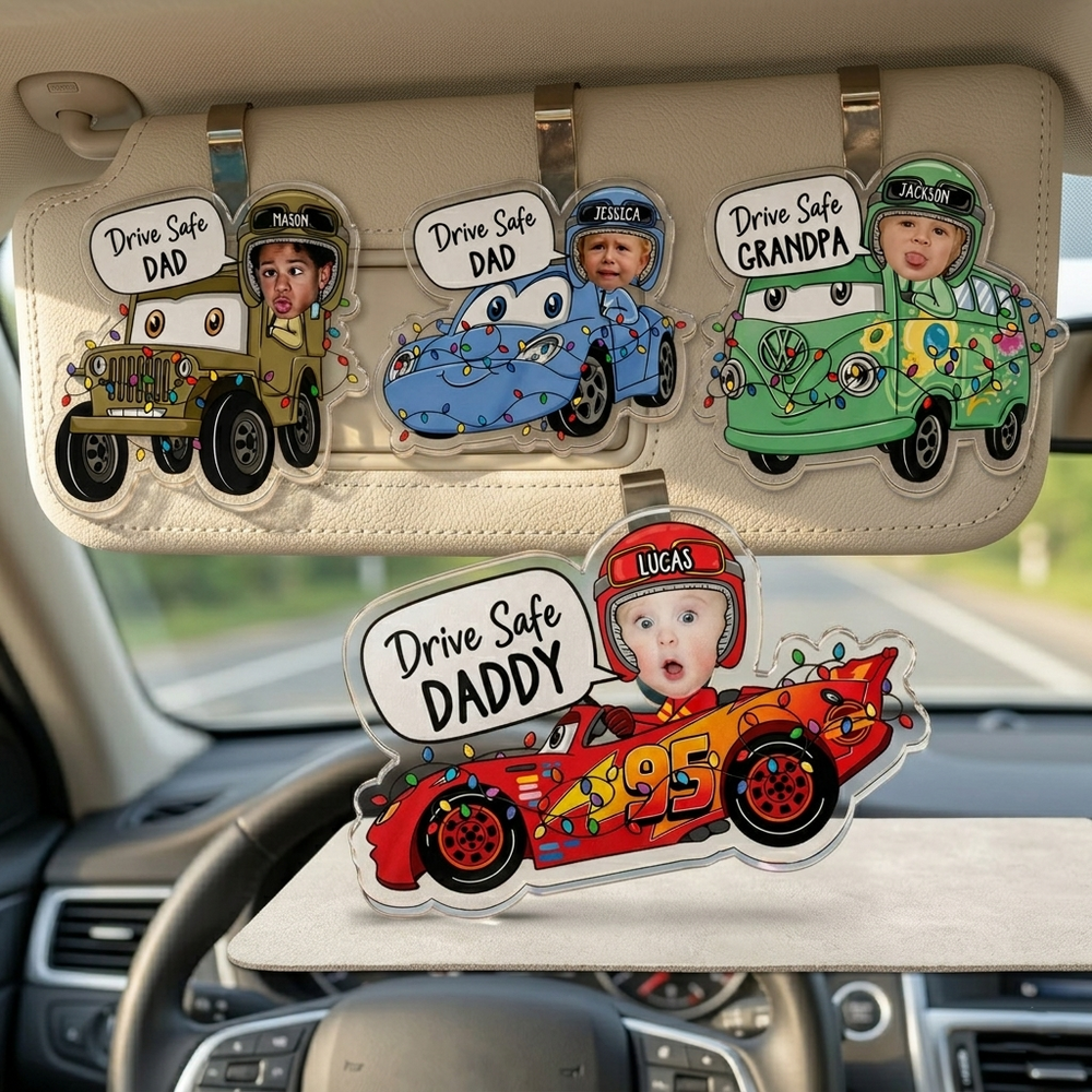 Drive Safe Daddy Custom Kid Face Father's Day - Personalized Car Visor Clip | Cute Dad Car Gift