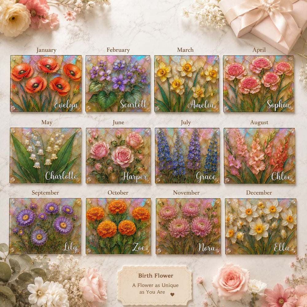 Birth Flower Mother-Of-Pearl Kitchen Decor - Personalized Cutting Board | Elegant Floral Kitchen Gift