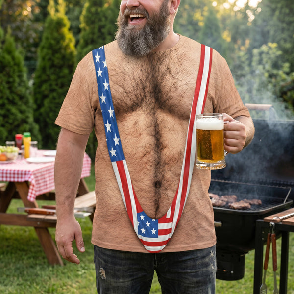 Funny 3D Hairy Chest Patriotic T-Shirt - 4th of July Beach & BBQ Shirt