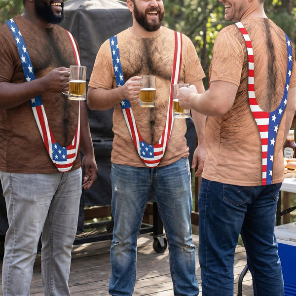 Funny 3D Hairy Chest Patriotic T-Shirt - 4th of July Beach & BBQ Shirt