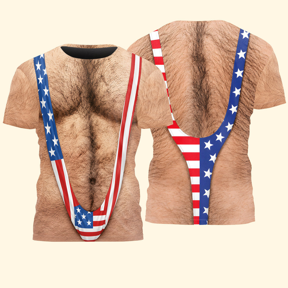 Funny 3D Hairy Chest Patriotic T-Shirt - 4th of July Beach & BBQ Shirt