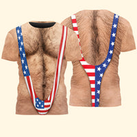 Funny 3D Hairy Chest Patriotic T-Shirt - 4th of July Beach & BBQ Shirt