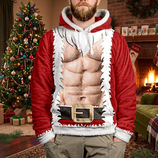 Personalized 3D Six Pack Santa Hoodie, Funny Christmas Fleece Gift for Him