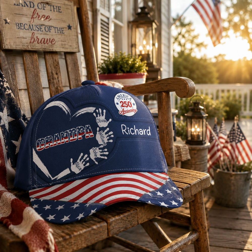 America 250 Anniversary Grandpa Dad Kids Handprints - Personalized Cap | Custom Family Gift