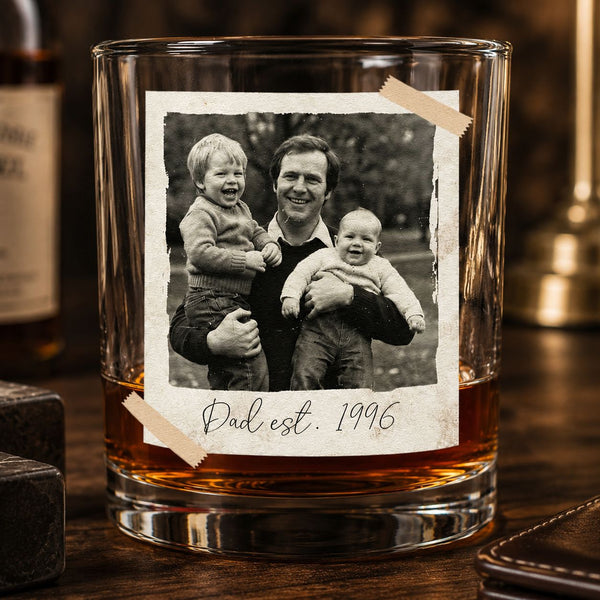 Father's Day Gifts, Custom Vintage Retro Polaroid Photo For Him - Personalized Photo Whiskey Glass | Custom Dad Bar Gift