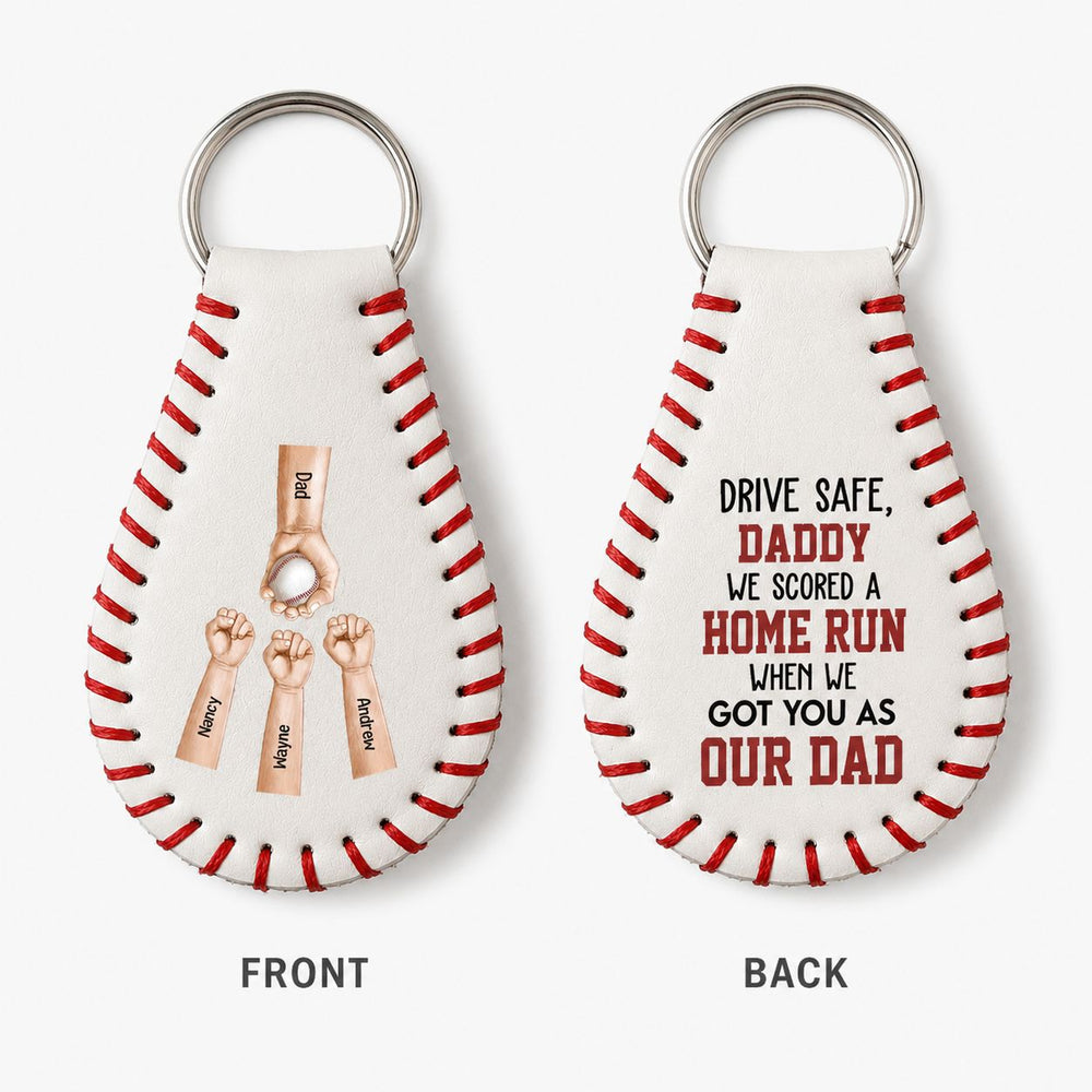 We Scored A Home Run When We Got You As Our Dad - Personalized Leather Baseball Keychain