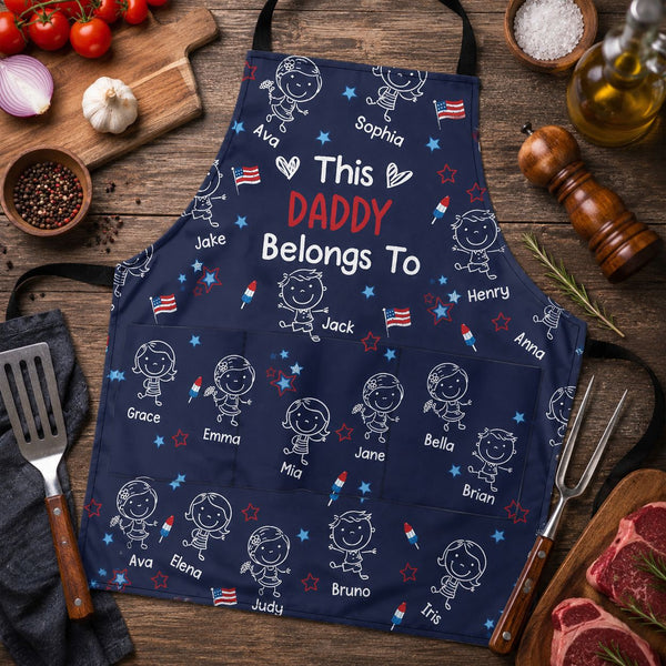 This Daddy Belongs To Independence Doodle Style - Personalized Apron | Fun BBQ Dad Gift