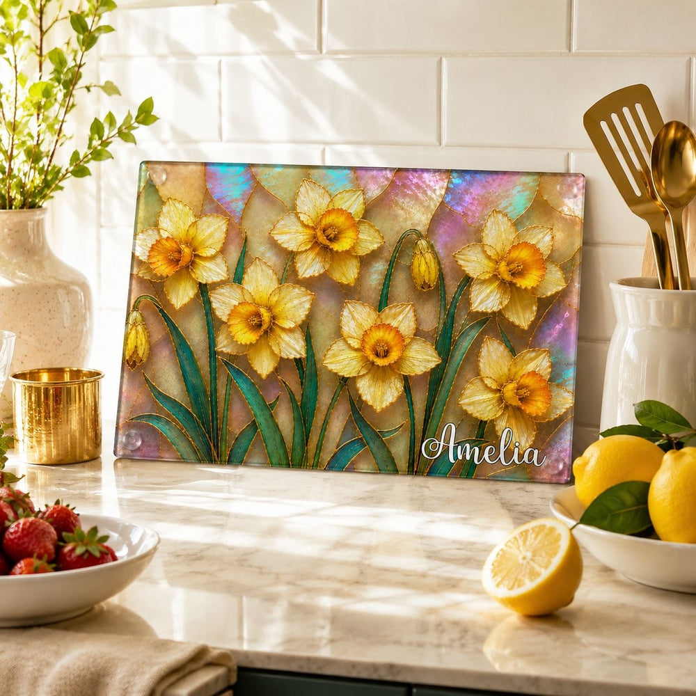 Birth Flower Mother-Of-Pearl Kitchen Decor - Personalized Cutting Board | Elegant Floral Kitchen Gift