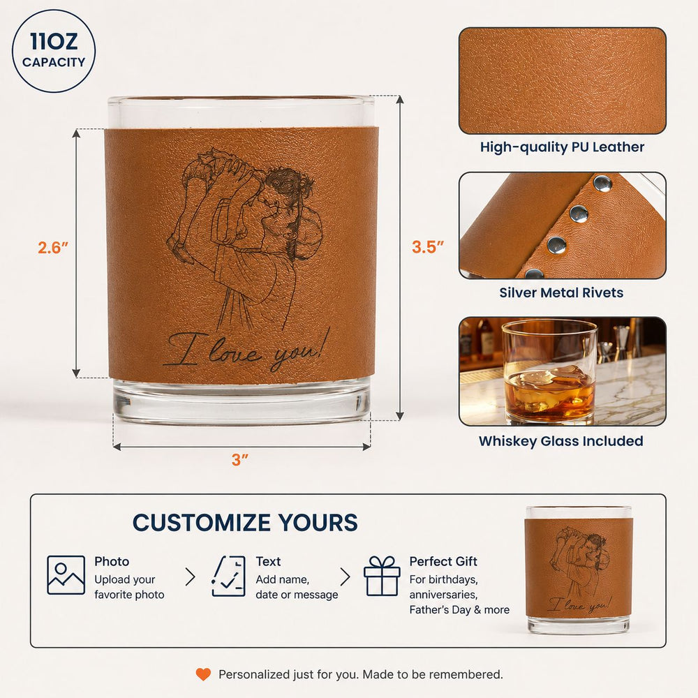 Custom Photo Sketch Line Art Father's Day - Personalized Whiskey Glass