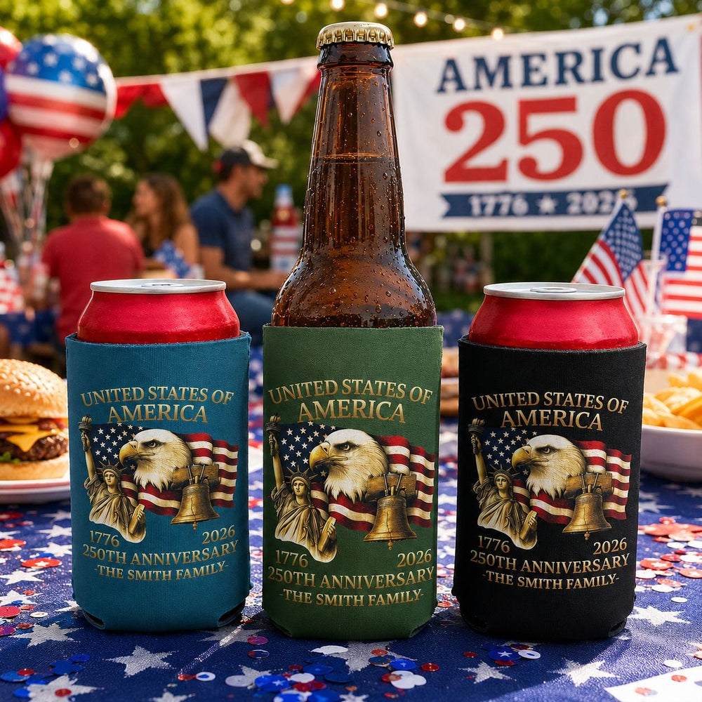 4th Of July USA 250th Anniversary - Personalized Can Cooler | Patriotic Party Gift