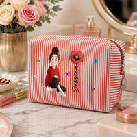 Custom Birth Flower, Name & Cute Character For Her - Personalized Makeup Bag | Cute Floral Gift