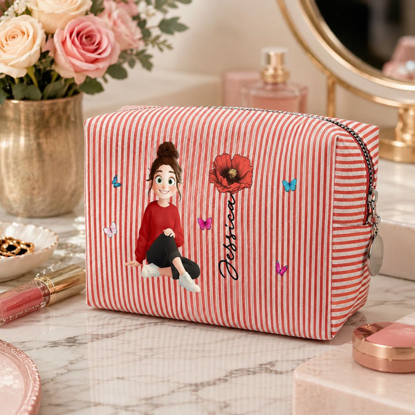 Custom Birth Flower, Name & Cute Character For Her - Personalized Makeup Bag | Cute Floral Gift