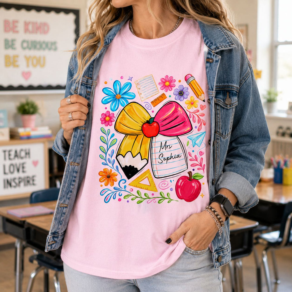 Boho Floral Bow Pencil - Personalized Shirt | Custom Teacher Back To School Graphic Tee
