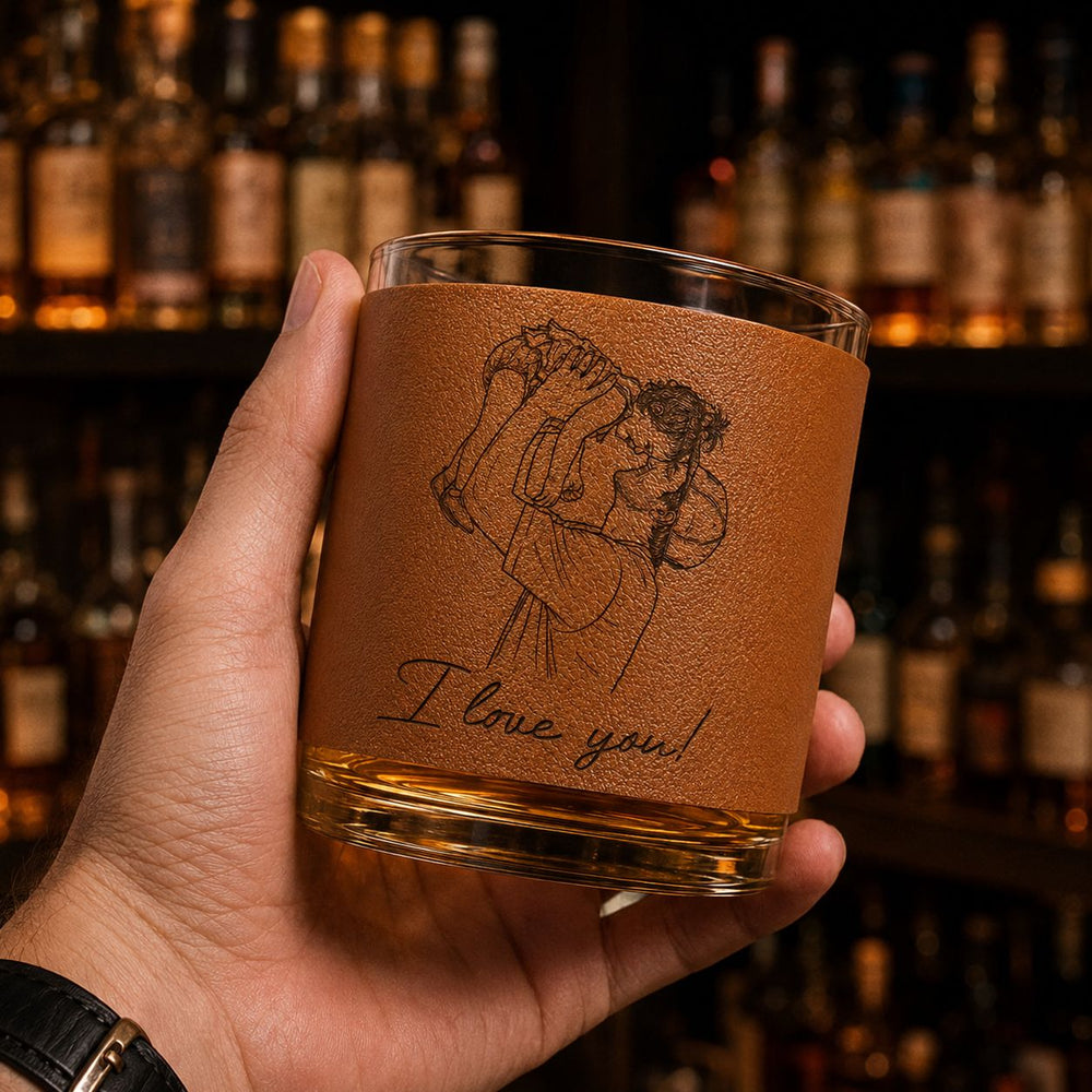 Custom Photo Sketch Line Art Father's Day - Personalized Whiskey Glass