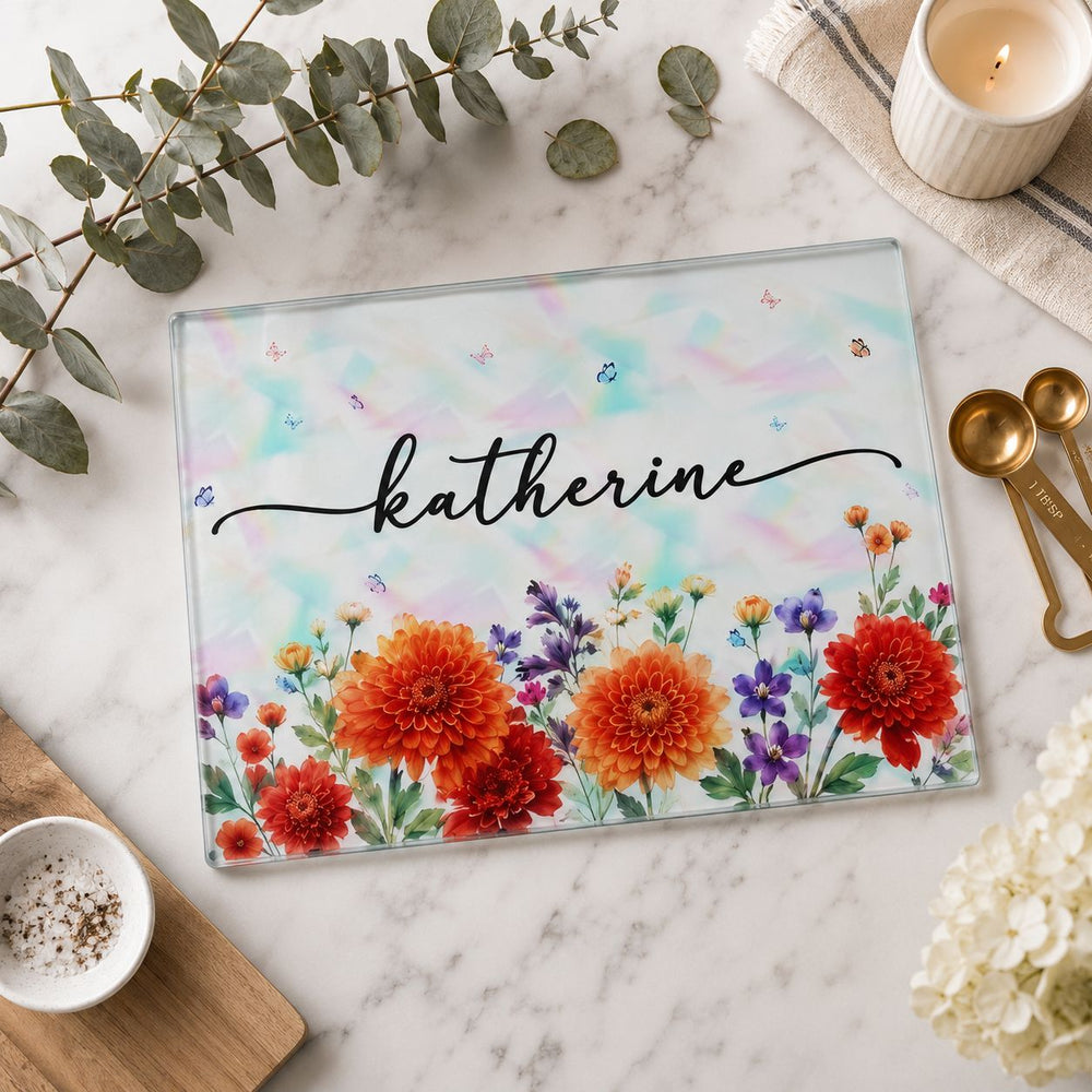Custom Name & Birth Flower Faux Pressed Flower - Personalized Cutting Board | Elegant Kitchen Gift
