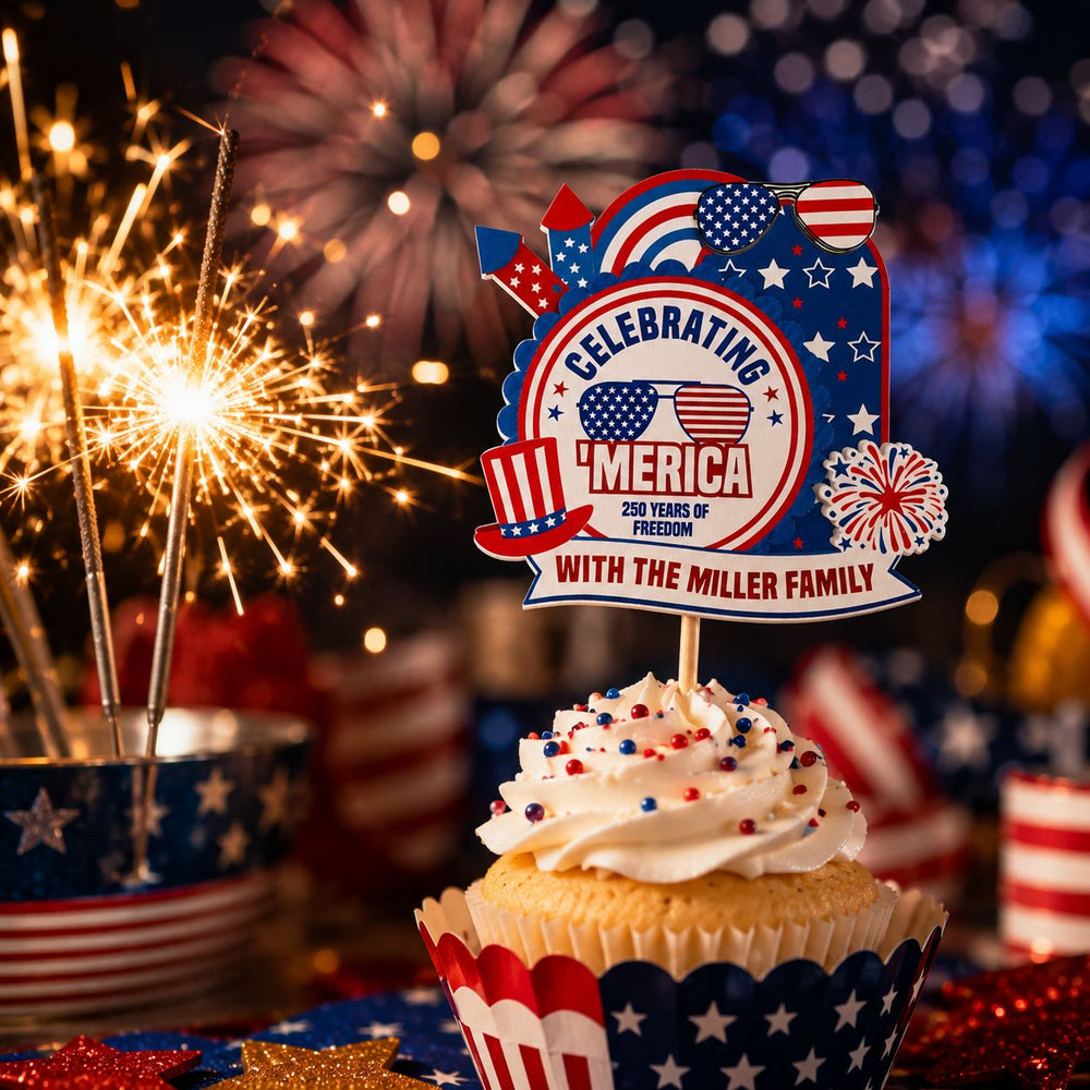Celebrating 'Merica Est. 1776 - Personalized Cupcake Toppers | Patriotic Party Decorations For Independence Day