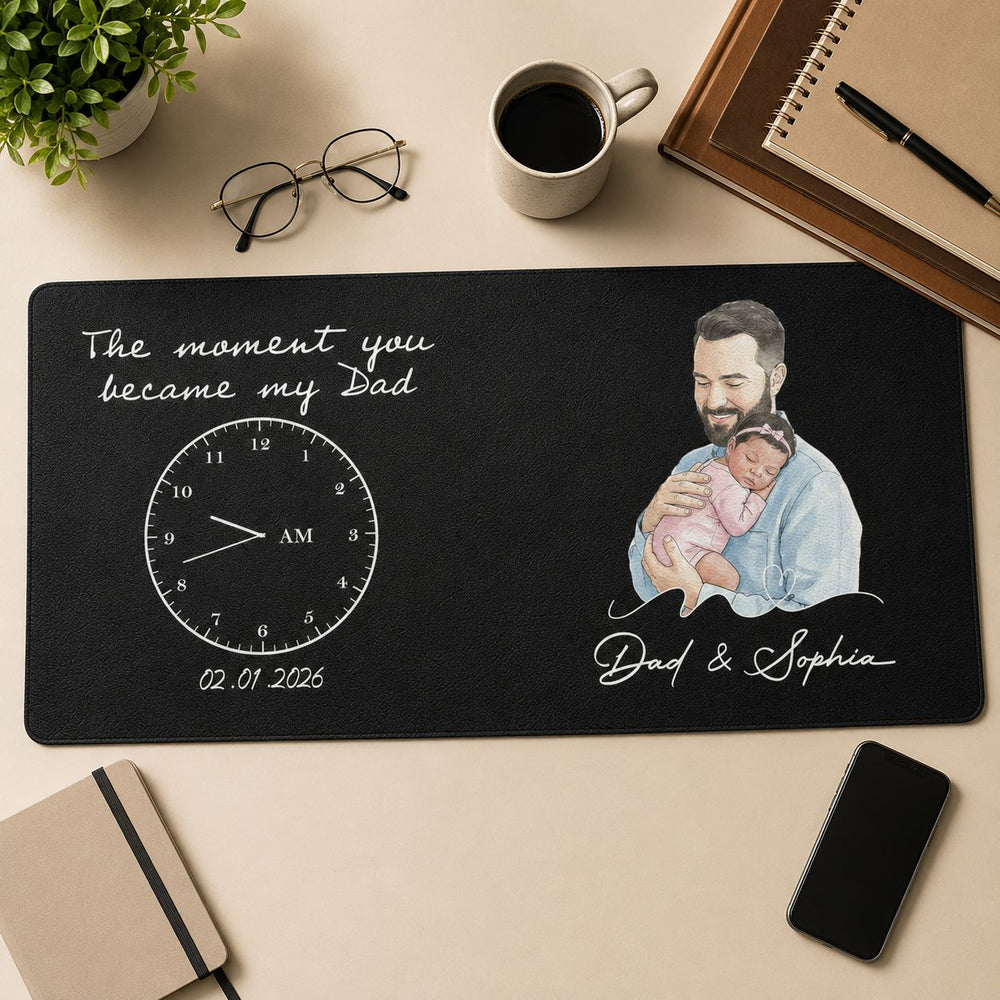 The Moment You Became Dad Watercolor Art Father's Day Gift For Husband - Personalized Desk Mat | First Father’s Day