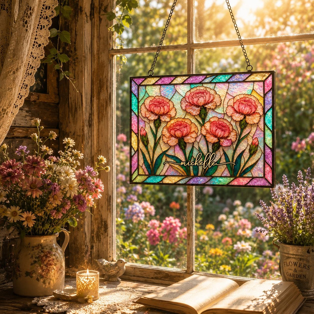 Birth Flower Mother-Of-Pearl Home Decor - Personalized Window Hanging Suncatcher | Floral Decor Gift