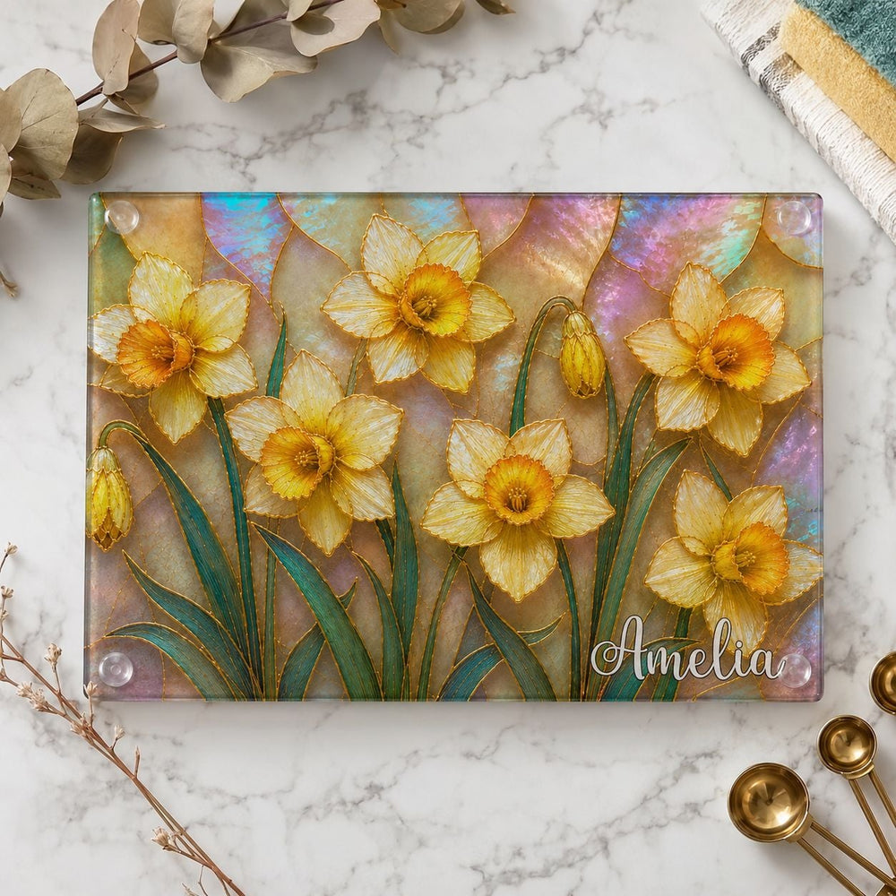 Birth Flower Mother-Of-Pearl Kitchen Decor - Personalized Cutting Board | Elegant Floral Kitchen Gift