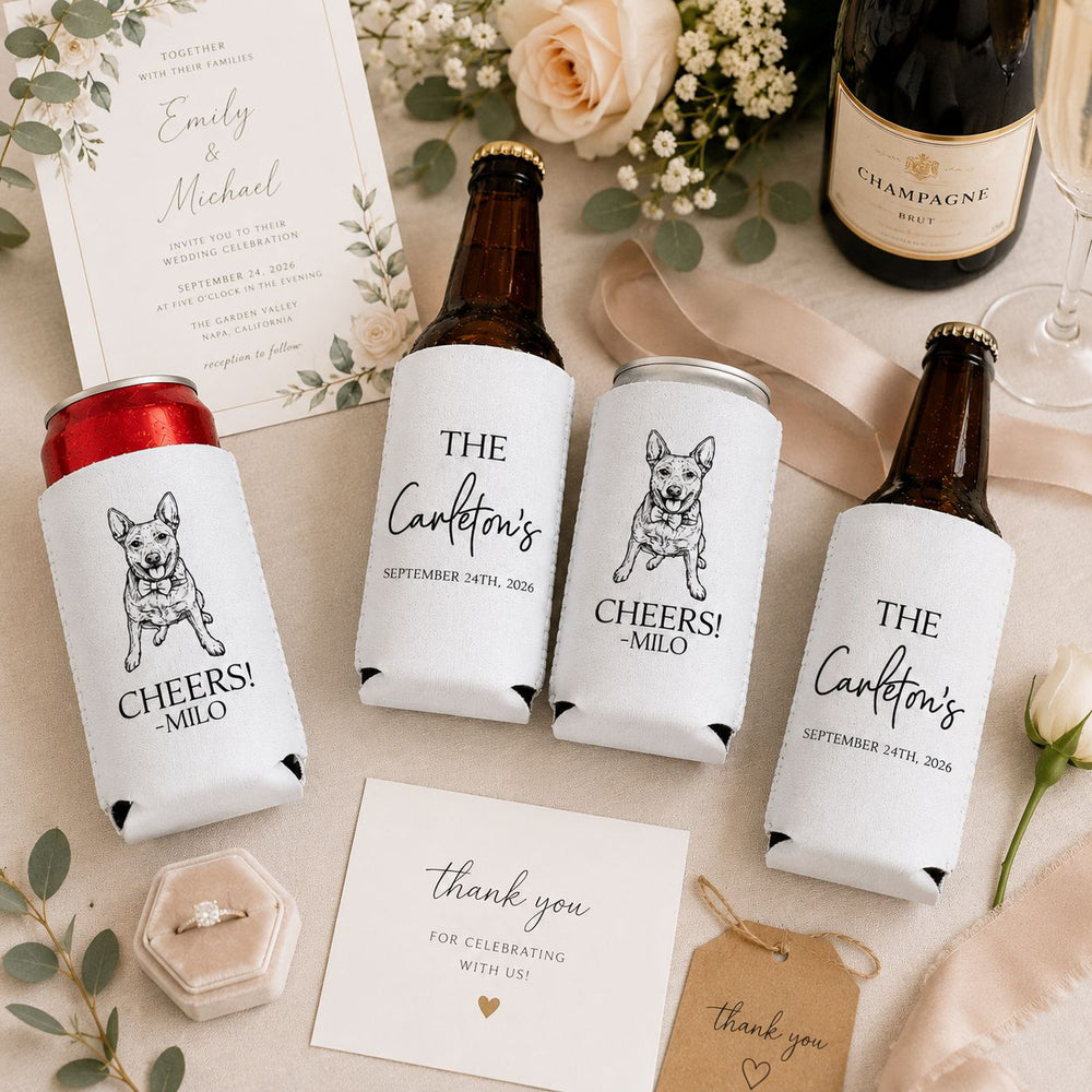 Wedding Can Cooler Favor Custom Pet Photo Sketch Line Art - Personalized Can Cooler | Custom Pet Wedding Favor