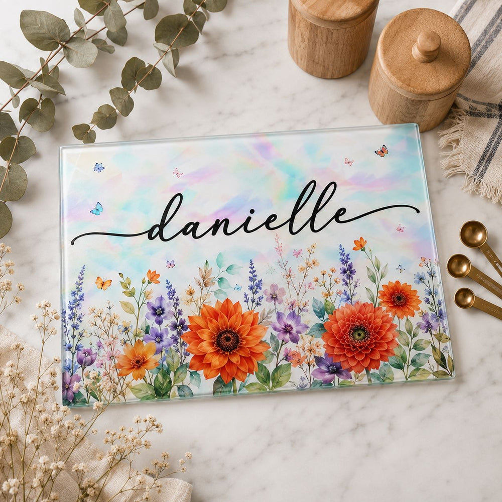 Custom Name & Birth Flower Faux Pressed Flower - Personalized Cutting Board | Elegant Kitchen Gift