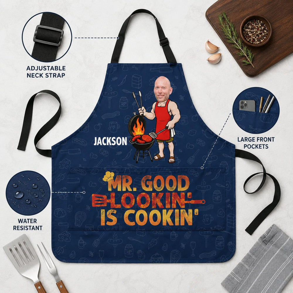 Mr. Good Lookin' Is Cookin' Funny Father's Day Gift For Dad, Husband, Grandpa - Personalized Apron | Fun BBQ Chef Gift For Men