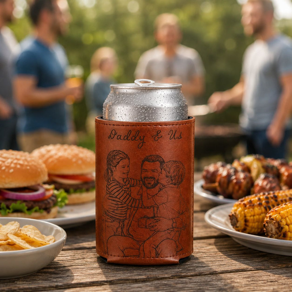 Custom Photo Sketch Line Art Dad Gift - Personalized Can Cooler