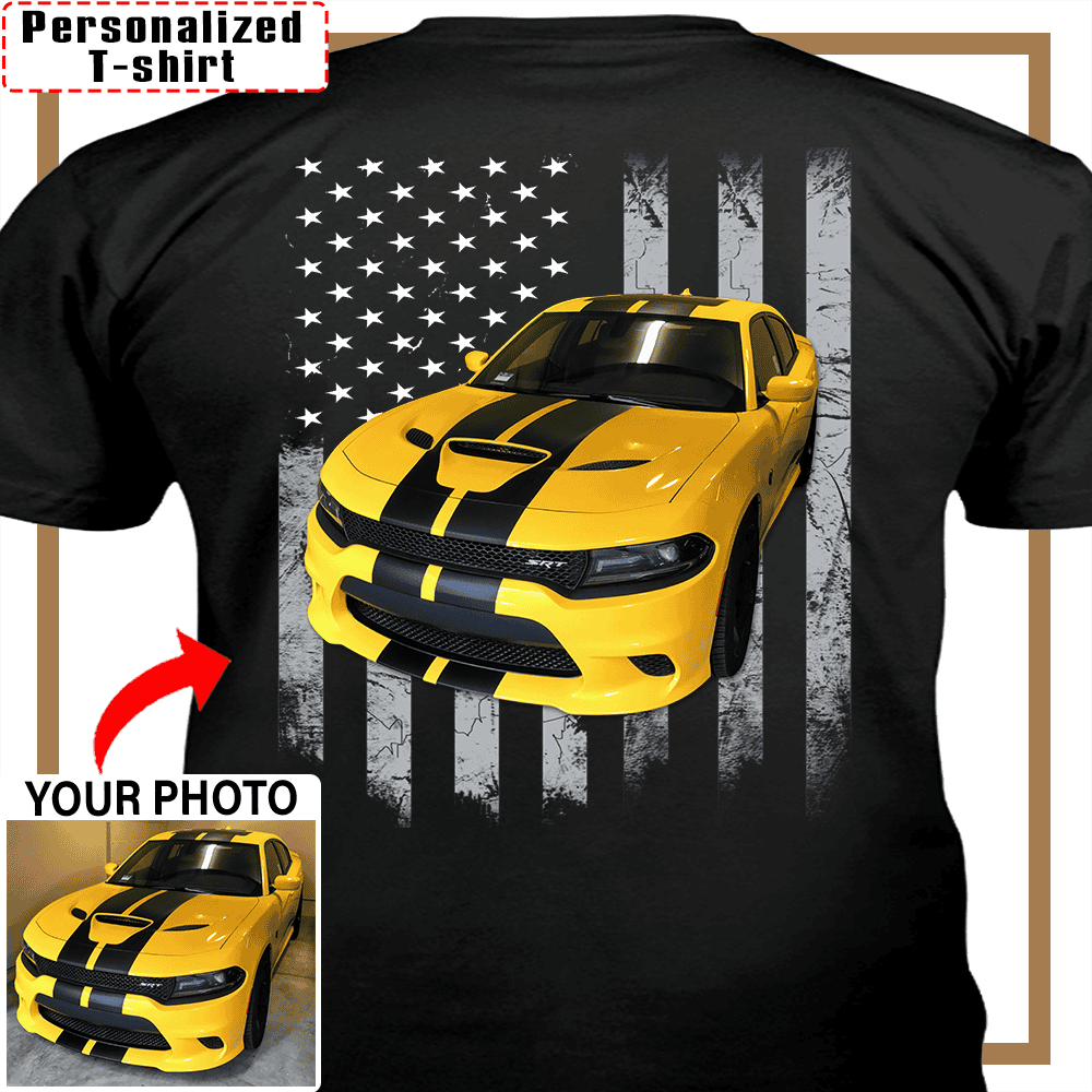 Muscle Car Dodge Challenger Custom Photo T-shirt, Dodge Charger Personalized T-shirt funny gifts for car guys American Flag T-shirt - PSTP2DTS000008