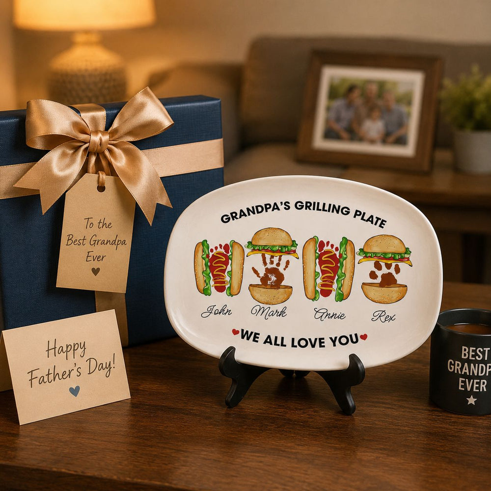 Grandpa's Grilling Plate, Custom Burger Hot Dog Handprint Footprint | Platter BBQ Grandpa Gift