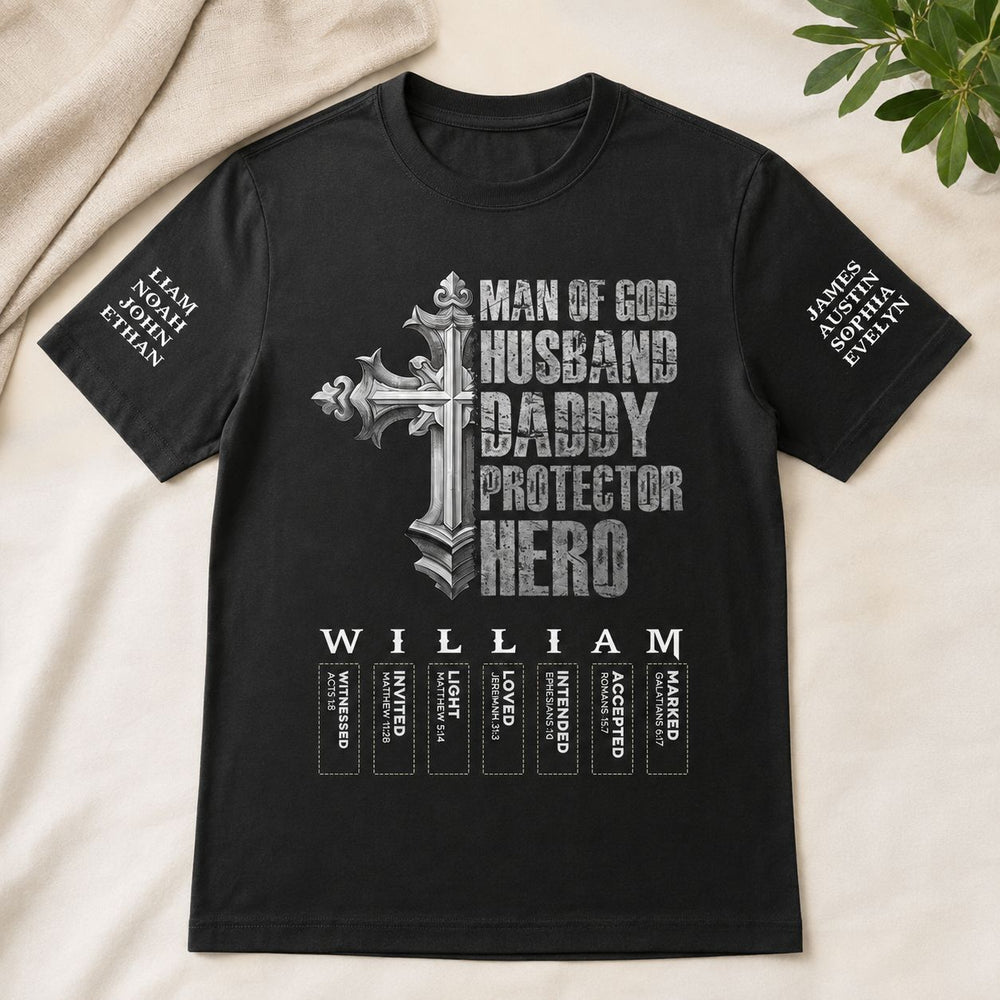 Man Of God Husband Daddy Protector Hero Name Letter Bible - Personalized Shirt