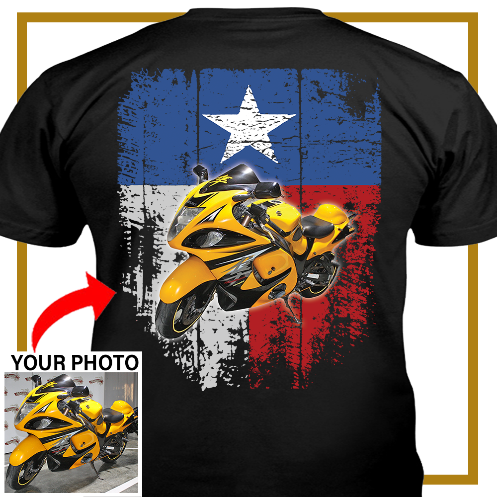 Personalized Motorcycle T-Shirt – Custom Bike Shirt with Texas Flag – Cool Gift for Bikers & Motorcycle Lovers - PSMN2DTS000009