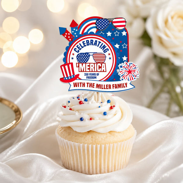 Celebrating 'Merica Est. 1776 - Personalized Cupcake Toppers | Patriotic Party Decorations For Independence Day