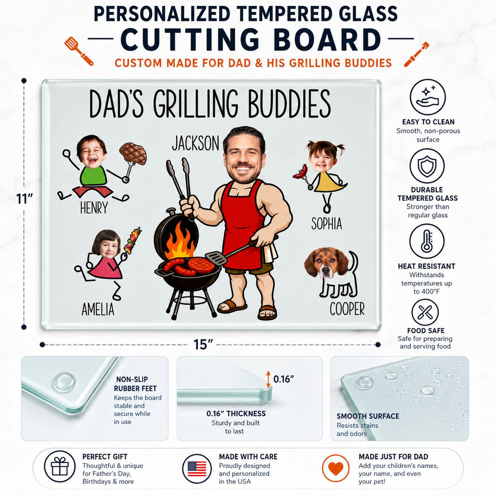 Dad's Grilling Buddies Custom Kid Faces - Personalized Cutting Board