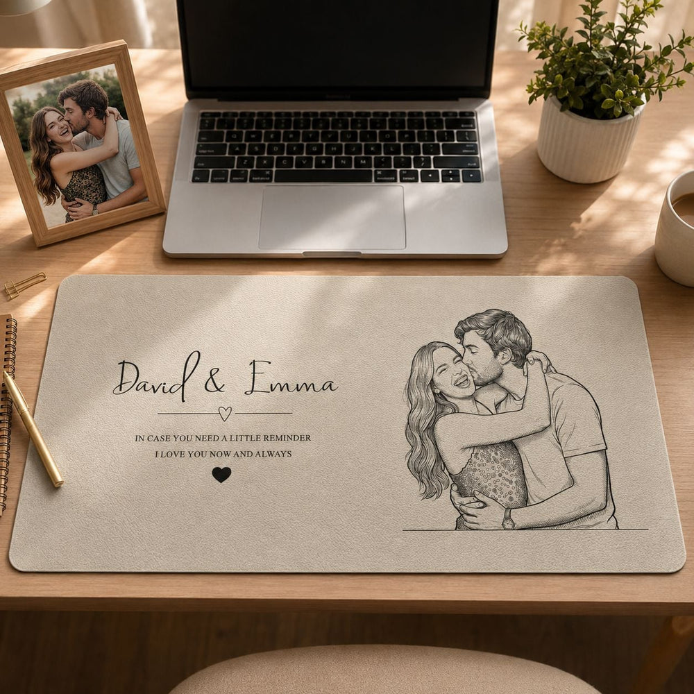 I Love You Now And Always Couple Photo Sketch Line Art - Personalized Desk Mat | Romantic Couple Gift