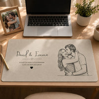 I Love You Now And Always Couple Photo Sketch Line Art - Personalized Desk Mat | Romantic Couple Gift