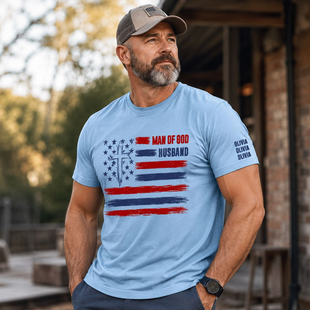 Man Of God, Husband, Dad, Papa Kids' Names Sleeve - Personalized Shirt