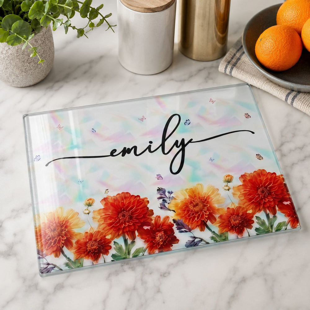 Custom Name & Birth Flower Faux Pressed Flower - Personalized Cutting Board | Elegant Kitchen Gift